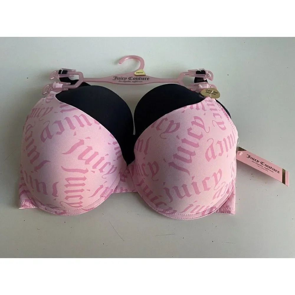 2‎ Pack Juicy Couture Bra Show Me Off JC3819 Pink Logo And Black Sz 38 DD NEW